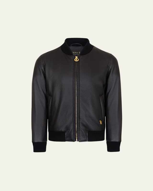 Boy's Tiger Embroidered Leather Bomber Jacket, Size 4-14